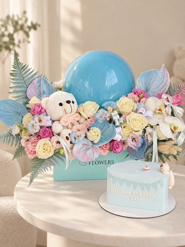 پکیج باکس گل و کیک نوزادی۲